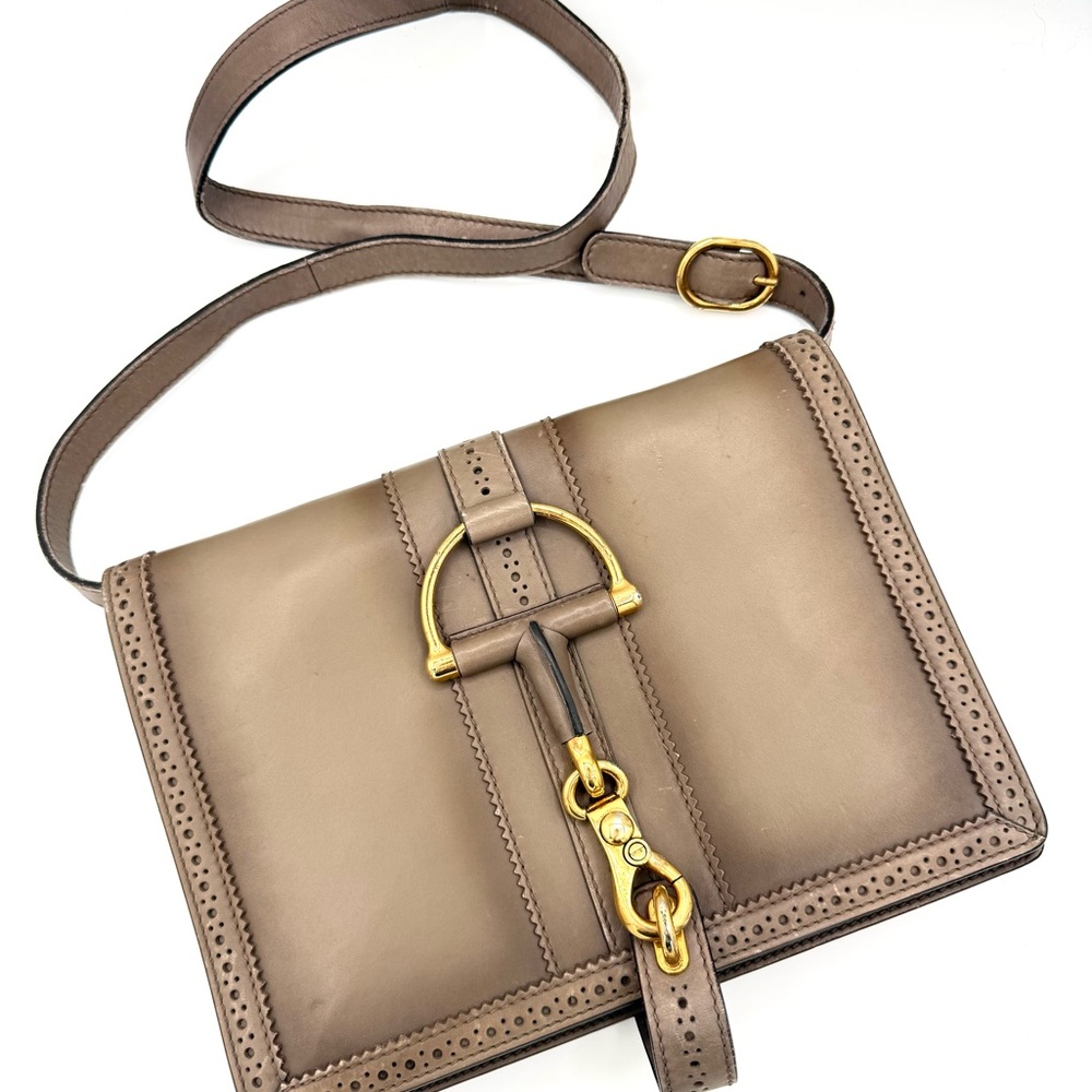 Gucci Taupe Gray Duilio Horsebit Leather Crossbody with Gold Hardware